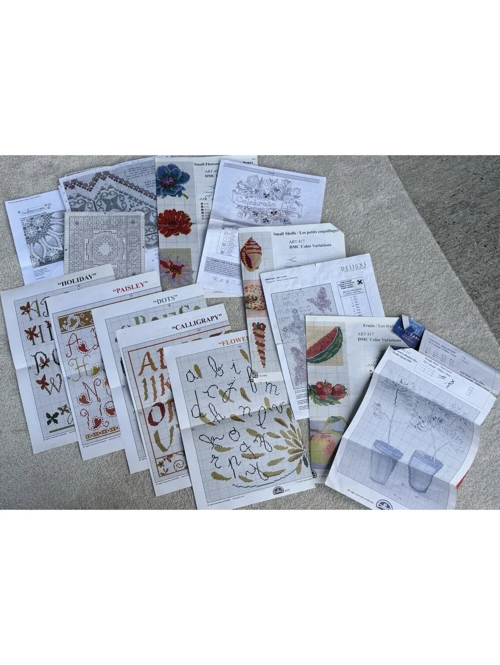 Lot Of Paper Cross Stitch Patterns Alphabets, Sea Shells, Flowers